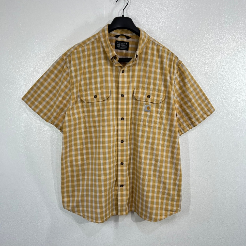 Carhartt Mens 2XL Loose Fit Short Sleeve Button Down Yellow White Plaid Shirt